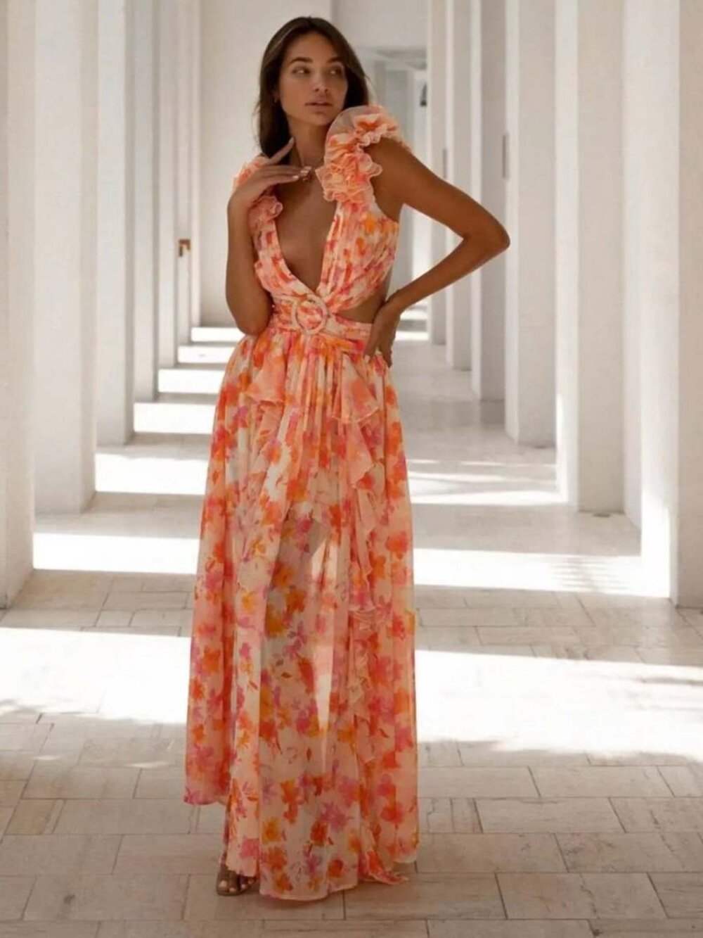 Orange Floral 3D Ruffle Strap Cut‑Out Waist Maxi Dress
